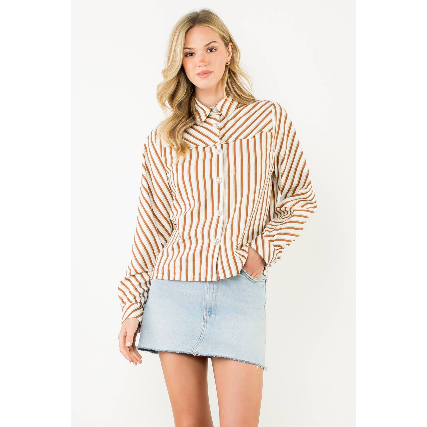 Kalli - Pearl Button Long Sleeve Stripe Top