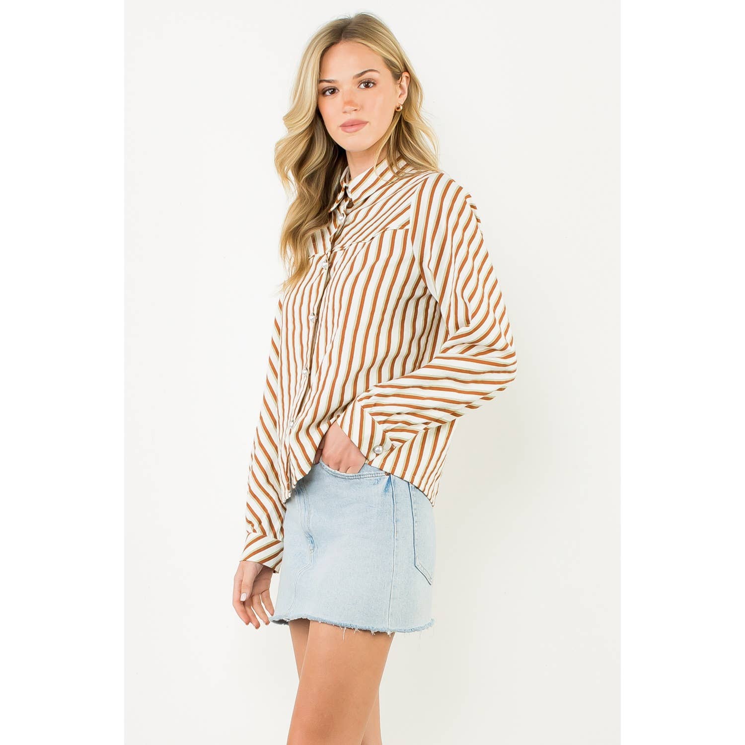 Kalli - Pearl Button Long Sleeve Stripe Top